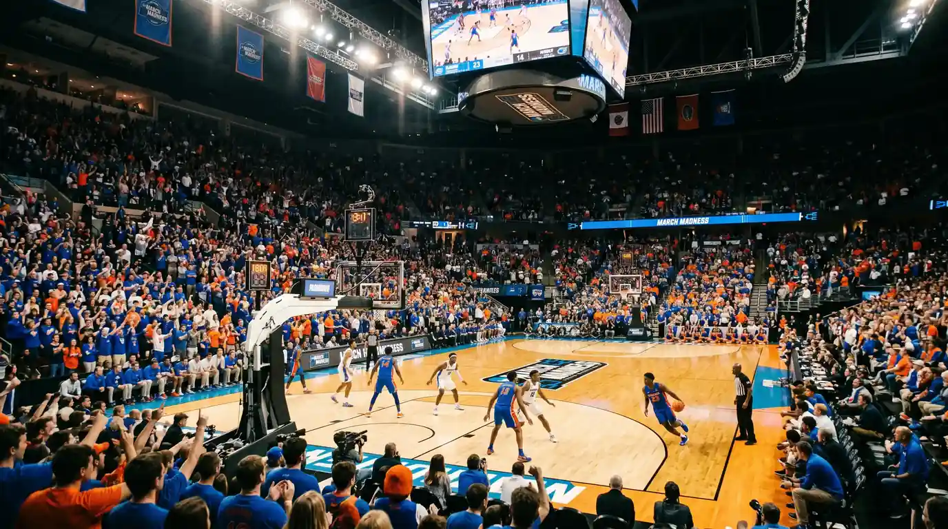 Cancha de baloncesto universitario NCAA durante el torneo March Madness